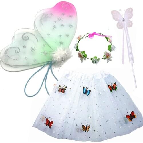 White Pink Girl Kids Butterfly Fairy Wing Skirt Magic Rod Wand Princess Animal Costume Dress Up Birthday Party Halloween Cosplay