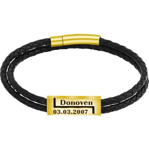 Fashion DIY Jewelry Bangle Customized Name Date Double-Layer Braided Leather Bracelet for Men Sporty Style Male Accessories Gift