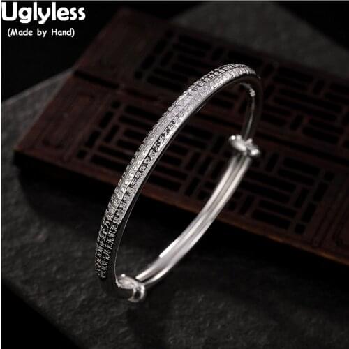 Uglyless Push-pull Bracelets for Women Heart Sutra Real 99.9% Full Silver Adjustable Bangles Buddhism Gifts Glossy Fine Jewelry