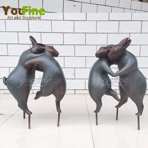 19.7" Bronze Rabbit Statue Modern Abstract Rabbit Sculpture Two Rabbits Cast Bronze Sculpture Home Garden Statue Decoration