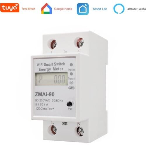 WIFI Smart Energy Meter LCD Display Meter Single Phase Din Rail Type Wattmeter Kwh AC 90-250V 50Hz/60Hz with Alexa / Google Home