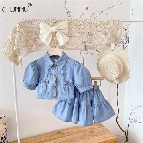 Kids Baby Girls Clothes Fashion Denim Puff Sleeve Top + Skirt 2pcs Summer Toddler Girls Sets Children Casual Costumes