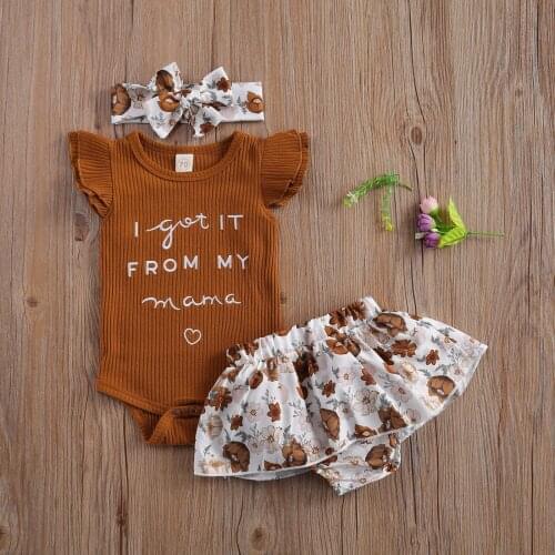 Baby Girl’s 3Pcs Romper Set Letter Printed Short Fly Sleeve Triangle Knitted Jumpsuit with Printed Shorts and Headband