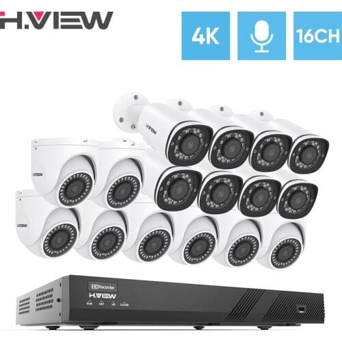 H.View 4K Ip Camera 8Mp 16Ch Poe Nvr Set Outdoor Cctv Camera Security System H.265 Audio Record Video Surveillance Kit