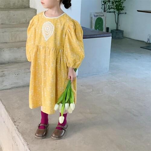 Autumn 2021 Little princess floral cotton dress girls sweet puff sleeve loose dresses