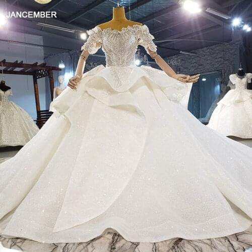 HTL2155 Elegant White Metal Sequins Shiny Applique Print Pattern Women Wedding Dress Frill One-neck Backless Dress