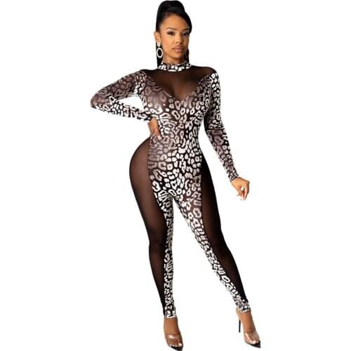 See-Through Mesh Patchwork Leopard Print Sexy Overalls for Women Festival Clothing Night Club Party Rompers Womens Jumpsuit Body