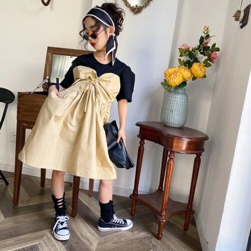 Baby Girl Fake Two-piece Splicing Dress Summer New Medium and Big Child Princess Dress Short-sleeved Dress Children Clothes