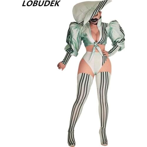 Nightclub Party Show Women Singer Dancer Performance Costume Stripes Puff Sleeve Tops Shorts Hat Outfit Groups DJ Jazz Dance Set