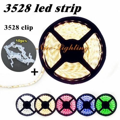 Best Price 5meter/lot SMD 3528 Flexible LED Strip 12V 60LED/M White Warm Yellow Red Green Blue Light Stripe + 50pcs Silicon Clip