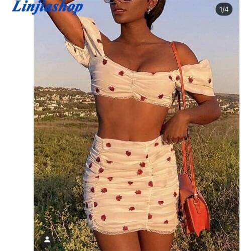 Cute Rose Print White Camis Two Piece Set Women A-line Skirt Harajuku Lace Patchwork Mini Skirts High Waist Short Skirt