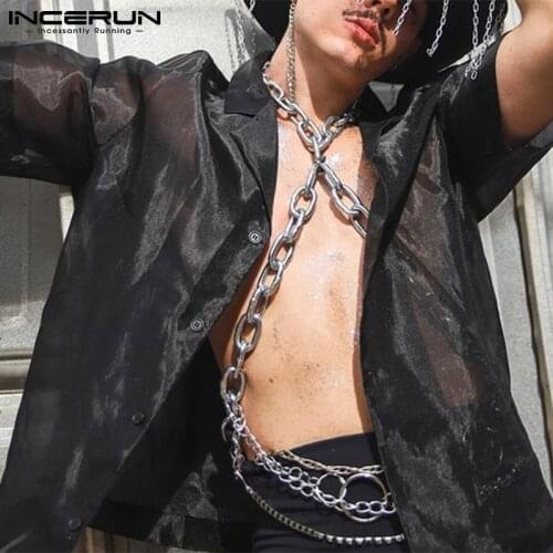 Fashion Men Shirt Mesh See Through Streetwear Sexy 2021 Party Nightclub Camisa Masculina Lapel Short Sleeve Tops S-5XL INCERUN