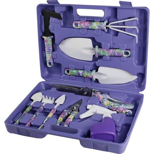 10 Piece Garden Tools Set Flower Print Gardening Tools with Trowel Transplanter Rake Weeder Pruner Shears Sprayer Carrying Case