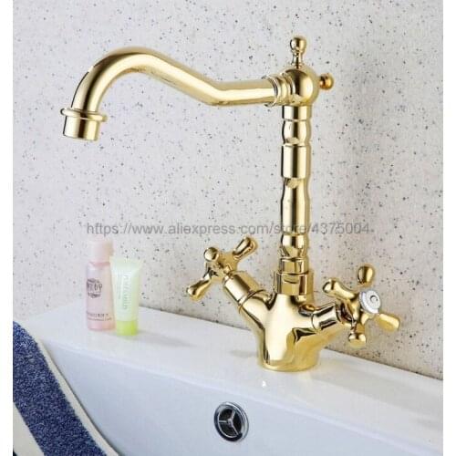 Polished Gold Bathroom Sink Faucet Basin Mixer Tap Double Cross Head Handle Single Hole Hot and Cold Water Nsf096