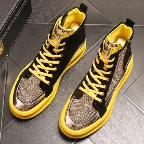 Luxury Designer Men White Gold Rhinestone Flats Thick Bottom Shoes Skateboard Man New High Tops Shoes For Streets Web Celebrity