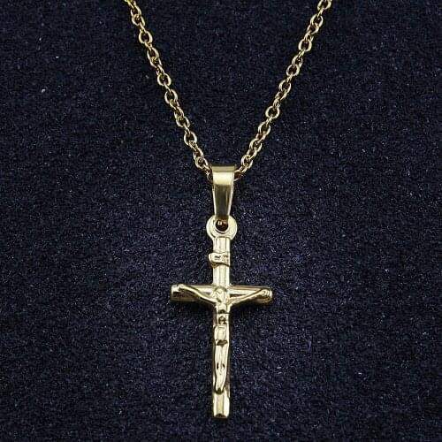 Christmas Jewelry Charm Gold Tone Stainless Steel Clavicle Necklaces Sacred Jesus Cross Design Pendant Necklace With Link Chain