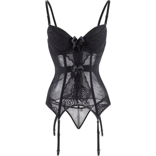 Sexy Lingerie Corset Boned Lace Slimming Night Wear Women Body Shaper Corset Top Overbust Bustier with Suspenders Belt G-string