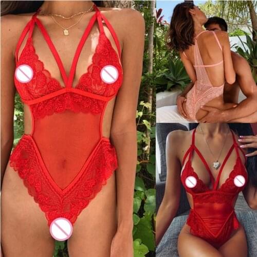 Sexy Woman Bodysuit Lingerie Underwear V-Neck Hollow-Out Lace See Through Mesh Sheer Bandage Rompers for Femme