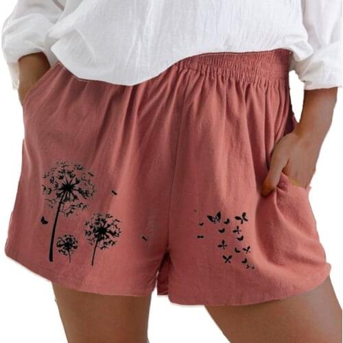 Summer Shorts Dandelion Print Solid Color Loose Wide Leg Pockets Shorts Loose Wide Leg Pockets Shorts Women Shorts 3XL