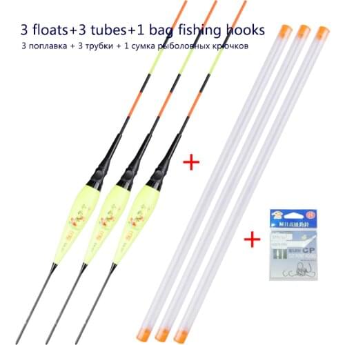 3pcs/lot Luminous Fishing Floats+3pcs Float Tubes+1 Bag Hooks Nano Night Luminous Boya Fresh Water Flotador Carp Fishing Tackles