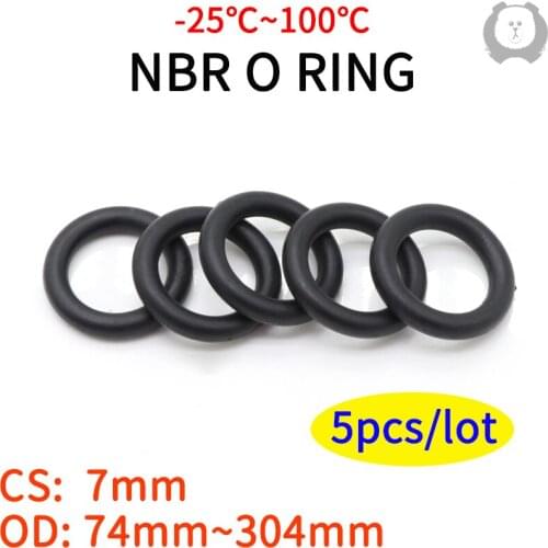5pcs NBR O Ring Seal Gasket Thickness CS 7mm OD 74~304mm Nitrile Butadiene Rubber Spacer Oil Resistance Washer Round Shape Black