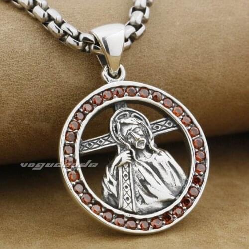 925 Sterling Silver Juses Cross Red CZ Mens Biker Rock Punk Pendant 9F015