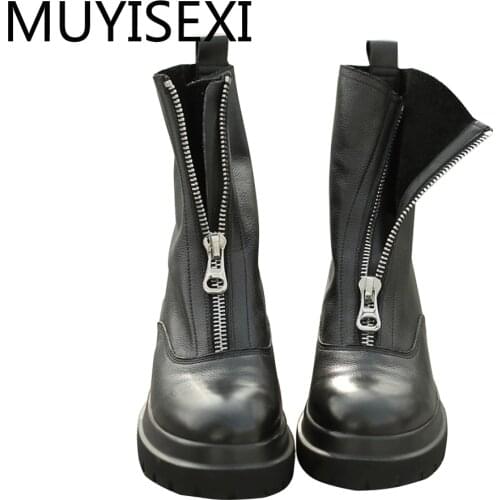 Front Zipper Boots Round Toe Genuine Leather 5cm Thick High Heels Platform Western Career Women Ankle Boots TN16 MUYISEXI