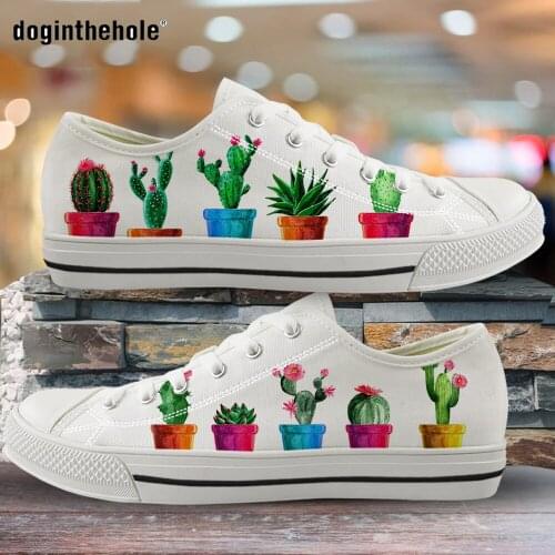 Doginthehole Green Plant Cactus Printed Canvas Shoes for Woman Casual Ladies White Sneakers Breathable Spring/Autumn Ladies Shoe