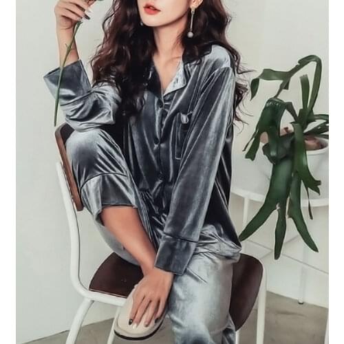 2pcs Autumn Winter Women Pajamas Sets Satin Velvet Sexy Warm Homewear Pijama Pyjamas Suit