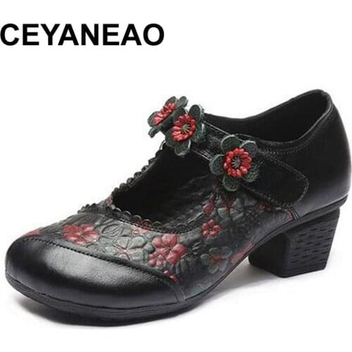 CEYANEAO Spring Autumn Women High Heel Shoes Flowers Handmad Pumps Ladies Retro Genuine Leather Round Toe Women Chunky Heel Shoe