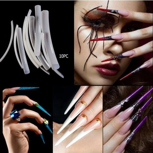 10 pcs Long Acrylic False Nail Tips Card Display Full Covered Spiky/Square Coffin Design Manicure Accessories UV Gel DIY
