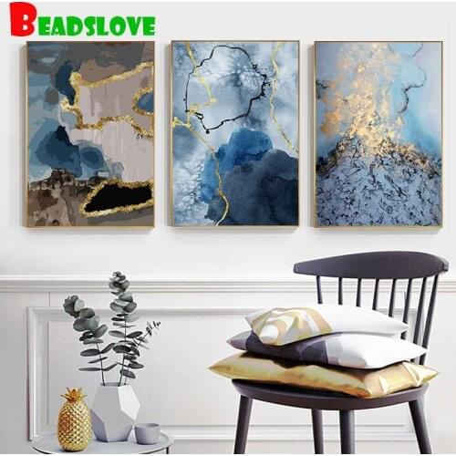 Abstract Flowing Golden Blue diamond painting 5d diy mosaic diamond picture of rhinestone art,kitchen decor 3 pcs