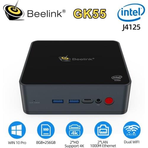 Beelink GK55 Mini PC Intel Celeron J4125 Quad Core DDR4 8GB 256GB SSD Windows 10 Desktop with 2*HD and 2*1000M LAN Dual Wifi