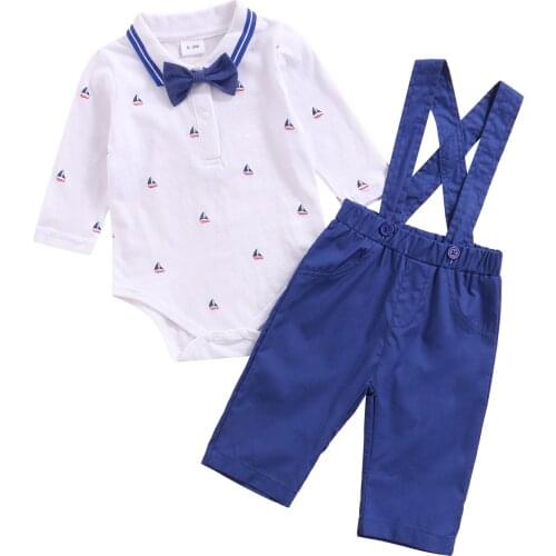 0-18M Newborn Baby Boy Long Sleeve Turn Down Collar Bow Tie Bodysuit Tops Suspender Long Pant 2PCS Boys Clothing Set