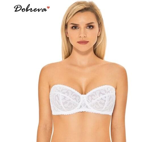DOBREVA Womens Lace Strapless Bra Plus Size Unlined Underwire Balconette See Through Bralette