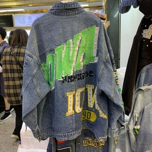 Denim Jacket Fashion Streetwear Letter Stylish Chic Printed Holes Jean Patchwork BF Style Jeans Female Coat Y697