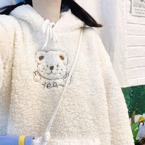 Cute Bear Head Embroidery Sweet Girl Womens Loose Long Sleeve Warm Fleece Winter Sweatshirt Hooded Hoodies
