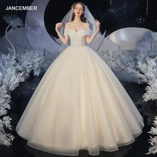 HLF15 Off The Shoulder Wedding Dresses Lace Up Back Short Sleeve Shiny Beading Crystal Tulle Lace Princess Ball Gown