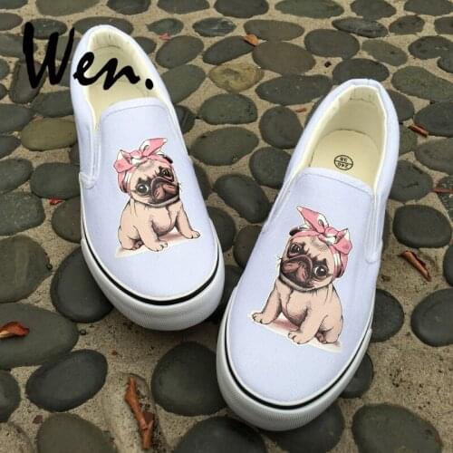 Wen Original Design Canvas Sneakers Cute Pug Pet Dog Pink Bow Headband White Black 2 Choices Slip On Platform Skateboard Shoes
