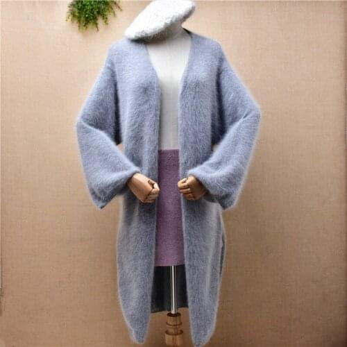 Ladies women clothing hairy angora rabbit hair knitted long falre sleeves split tail loose cardigans mantle jacket coat sweater