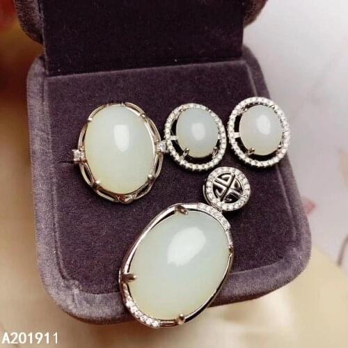 KJJEAXCMY fine jewelry 925 sterling silver inlaid Natural White jade pendant ring earring noble ladies suit support test trendy
