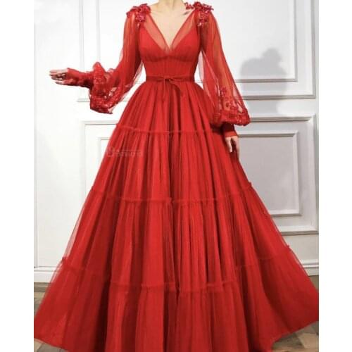 Red Long Sleeves Appliques Evening Dresses 2021 Ball Gown Saudi Arabia V Neck Formal Evening Party Gowns Robe De Soiree