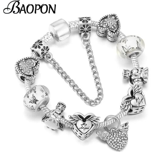BAOPON Hot Sale Fashion Silver Color Heart Angel Charm Bracelet For Women Fit Original Brand Bracelet DIY Handmake Jewelry Gift