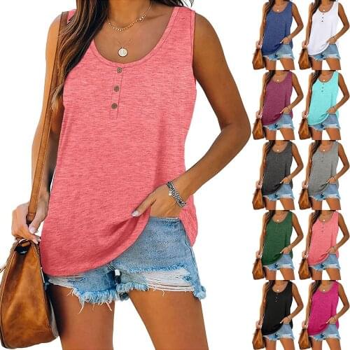 Tank Top Blouse Solid Color Women Girl Button Loose Oversized Vest Sexy Sleeveless Round Neck Cotton Summer Streetwear T-shirt