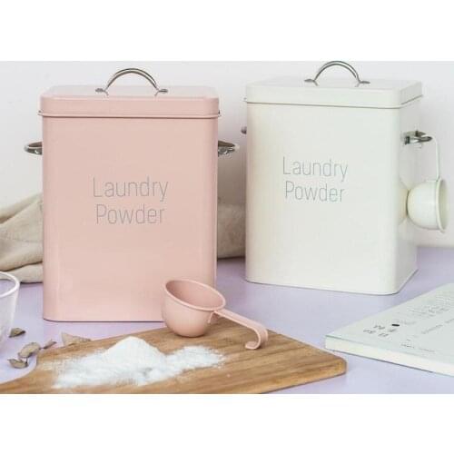 3Kg Multifunction New Washing Powder Box Rice Storage Box Iron Moisture-Proof Covered Bucket Spoon Household Accessories