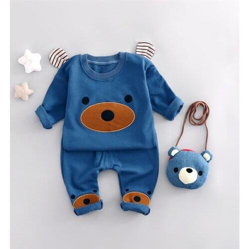Fashion Two-piece Girl Boy Cartoon Bears Clothing Baby Spring Suit Season Cotton Fleece + Trousers Sweet Children UnisexT-shirt