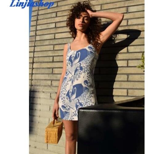 Fashion summer dress women slash neck sleeveless side zipper lining holiday beach mini dress blue femme vestidos