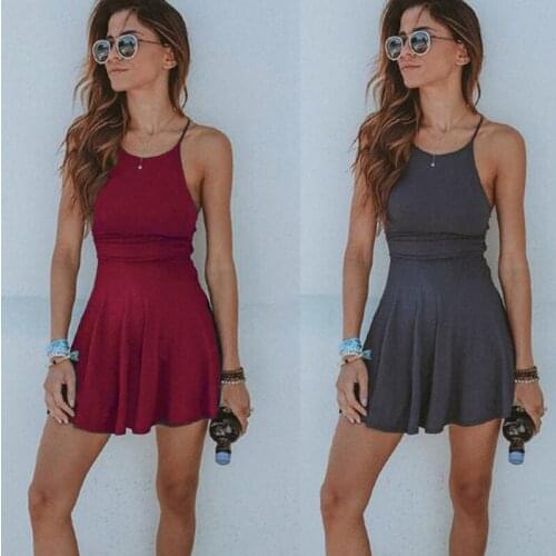 Fashion Women Dress Summer Casual Sleeveless Solid Female Beach Dress Sexy Ladies Short Mini Hot Dress Womens Clothing Sundress