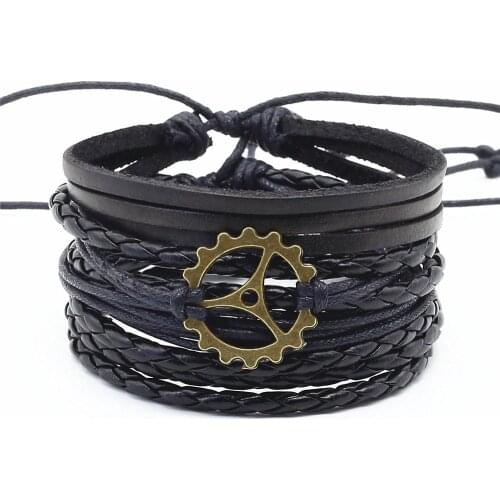 New Multilayer Fashion 4pcs/set Handmade Bronze Alloy Charm Men Brown Black Leather Bracelet For Women Femme Homme Male Jewelry