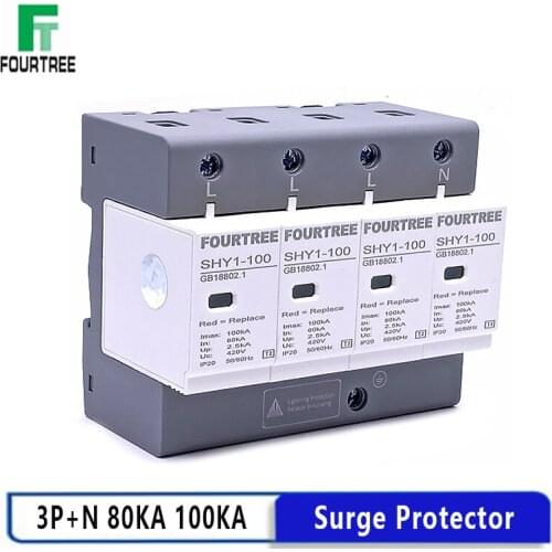 1PCS House Lightning Protection Arrester Surge Protector AC 3P+N 40~80KA 60KA~100KA 385V 420V SPD Low-Voltage Protection 4P